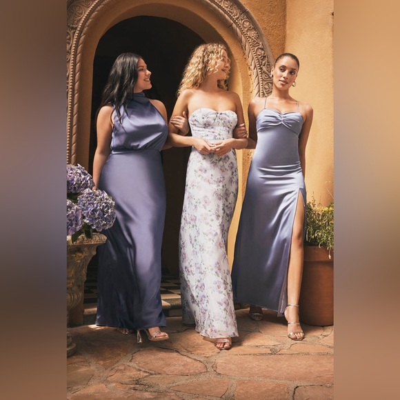 Lulus-Stunning Example Slate Blue Satin Pleated Backless Maxi Dress (Small) - Picture 6 of 6